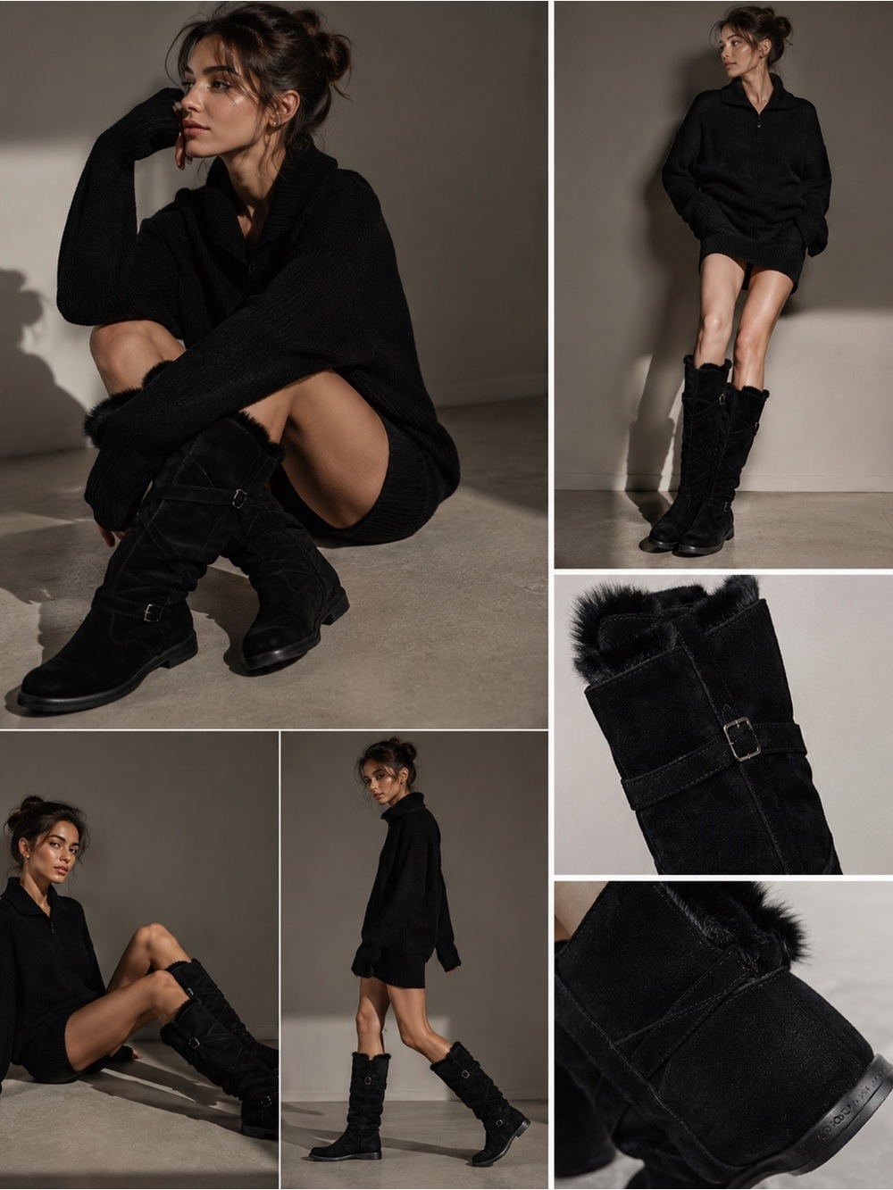 HOGAN $925 Italy Boots Suede Leather Black Solid Real Fur Trim Strappy Sz 9.5